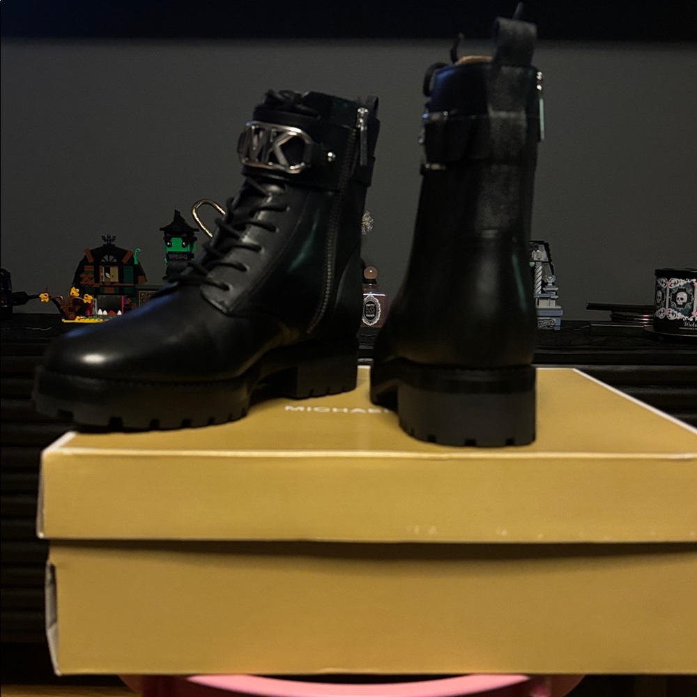 Michael Kors Black Leather Boots with Silver Buckle